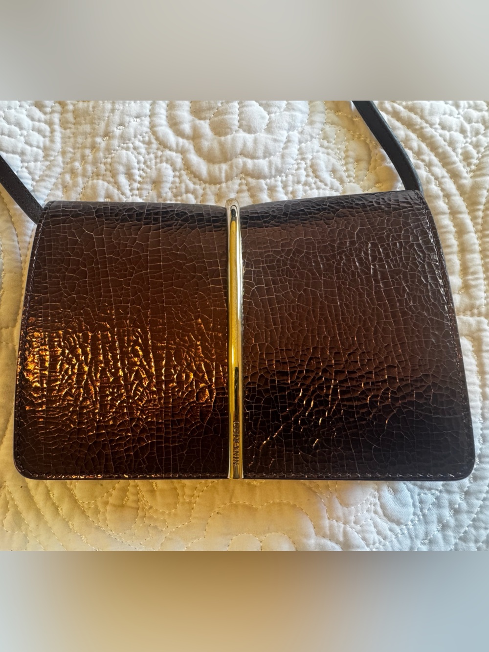 Nina Ricci Brown Textured Leather Clutch with Gold Bar